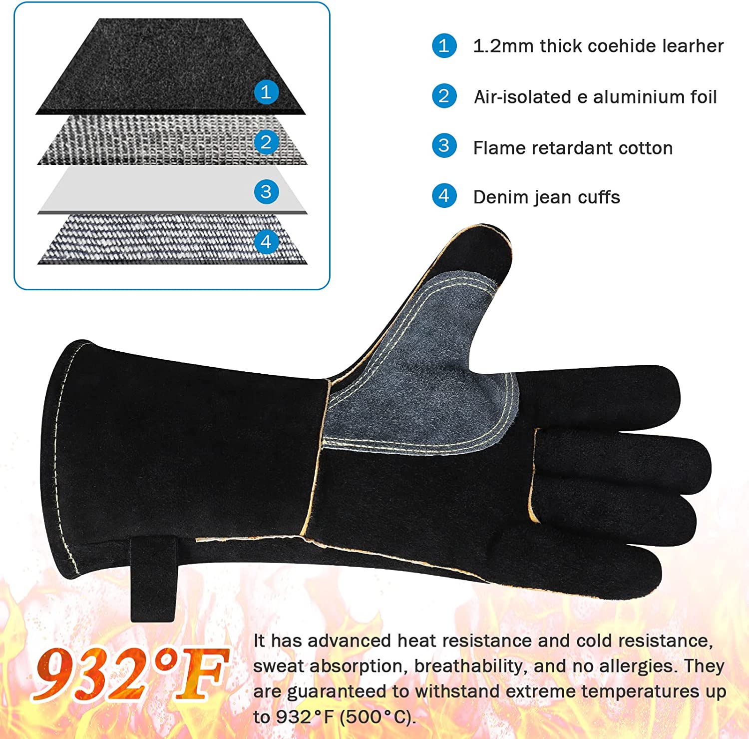 Leather Grill Oven Baking Gloves Heat Resistant